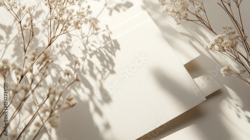 Elegant minimalist greeting card mockup in soft beige hues surrounded by delicate dried flowers with soft light shadows for easy customization.