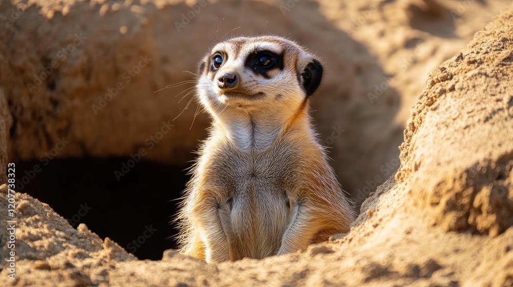 Fototapeta premium Meerkat Suricata suricatta standing alert near burrow in natural habitat under sunny conditions
