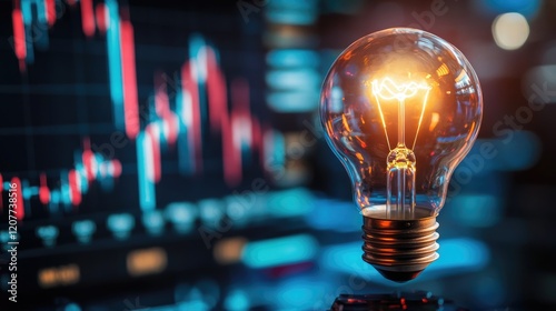 Innovative concepts with light bulb symbolizing new ideas in finance and stock market growth with digital trading graphs in the background photo