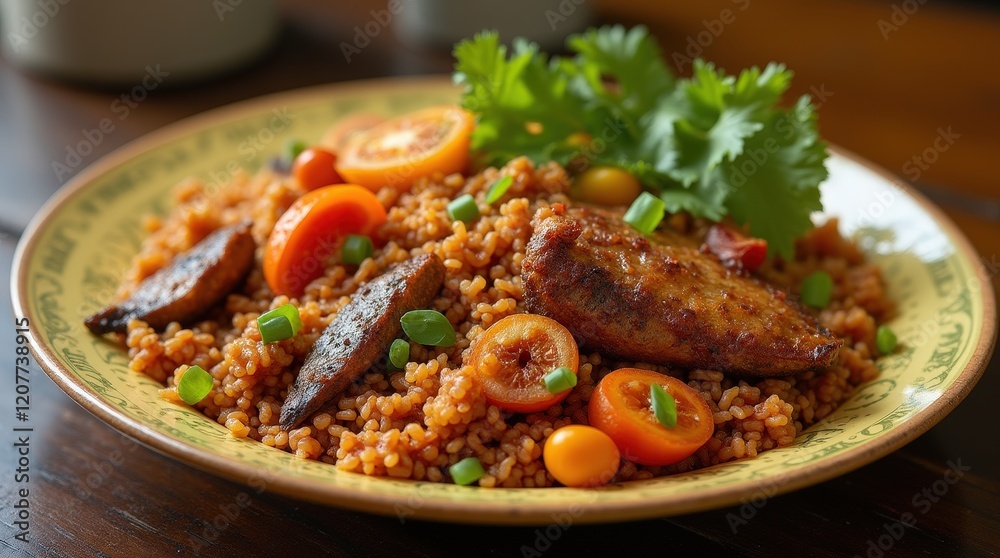 Vibrant thieboudienne served on a plate with fresh ingredients in Senegal Vibrant thieboudienne served on a plate with fresh ingredients in Senegal