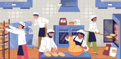 Professional bread bakers. Bakery workers at oven making pastries product, baking food manufacturing equipment cook chef uniform baker job profession, classy vector illustration