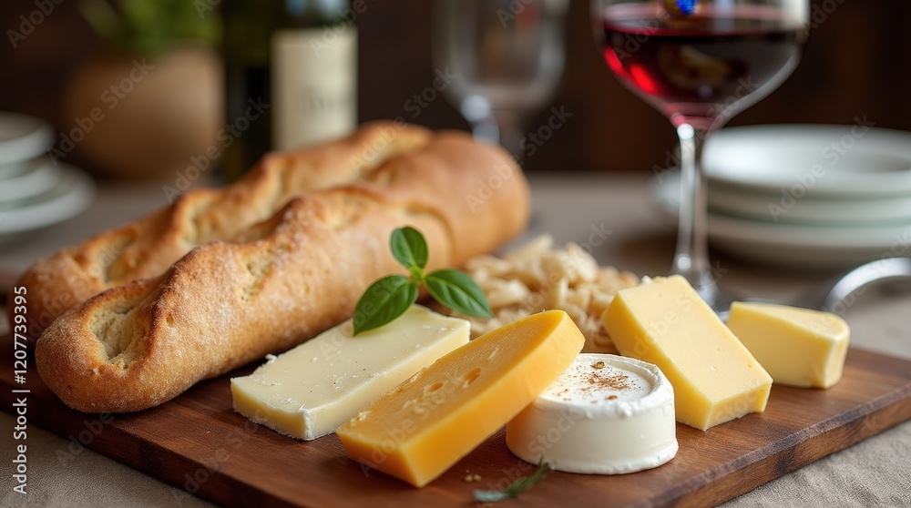 Elegant French meal with baguette and assorted cheeses Elegant French meal with baguette and assorted cheeses