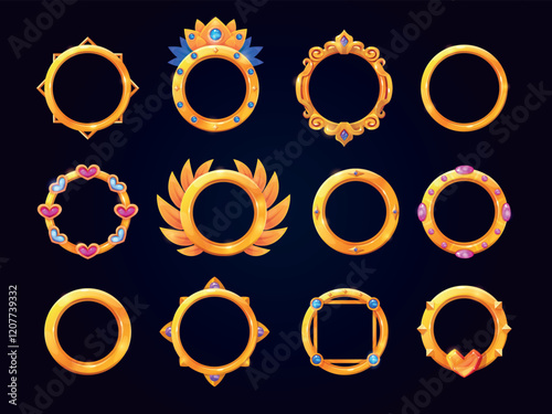 Avatar golden frames. Fantasy game gold frame, user rank award reward circular borders rpg gaming ui asset medieval royals round elements, set cartoon swanky vector illustration