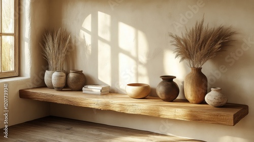 Natural decor featuring ceramic vases and dried plants on a wooden shelf in a...