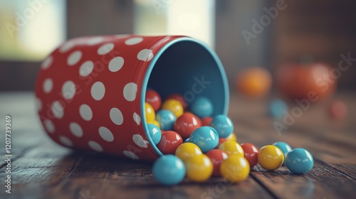 Red polka dot tin spilling colorful gumballs onto wooden surface. photo