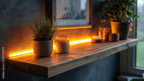 Natural decor featuring ceramic vases and dried plants on a wooden shelf in a...