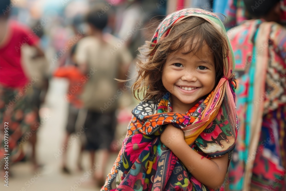 Fototapeta premium A joyful child smiles warmly while wrapped in colorful fabrics amidst a bustling market scene.