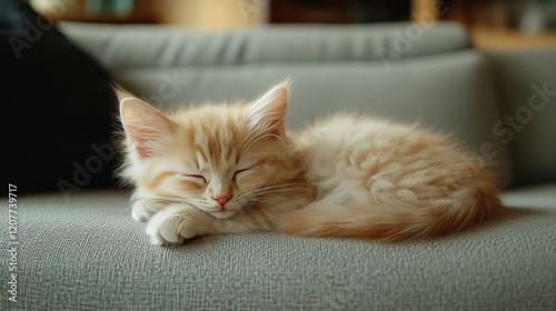 Cat sleeping peacefully on a cozy couch during the afternoon light