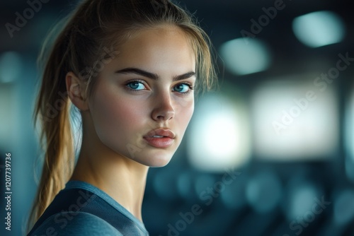 Young woman with ponytail poses in fitness center during workout in soft natu...