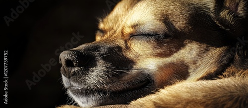 Joyful Chihuahua dog with closed eyes resting in warm golden evening sunlight creating a serene atmosphere with space for text insertion.
