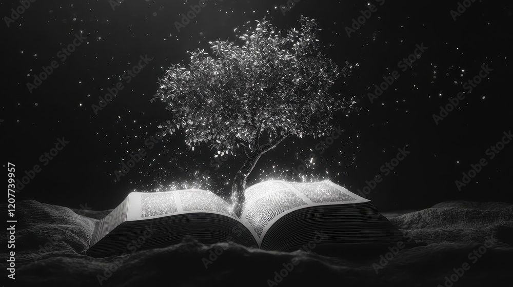 Naklejka premium Tree growing from open book, Silver light, [knowledge as success], [metaphor for growth and success through learning]