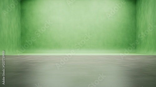 Empty Stage with Professional Lighting Setup Highlighting a Minimalistic Modern Design in Studio Environment with Green Backdrop for Creative Arts and Media Productions photo