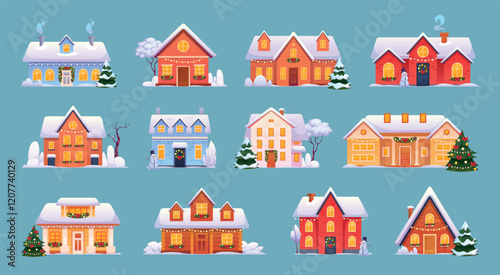 Cartoon winter cottages. Snowy cabins, christmas village rural cosy bungalow mountain chalet wooden houses covered snow capes suburban town housing set, swanky vector illustration