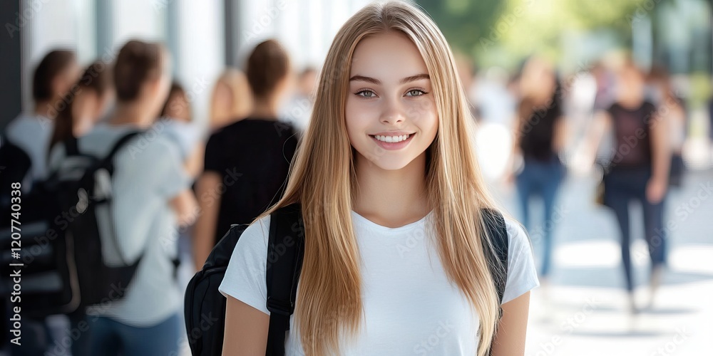 Obraz premium A college girl with long blonde hair and a backpack stands confidently on campus, celebrating Women's Day among her peers in a lively atmosphere