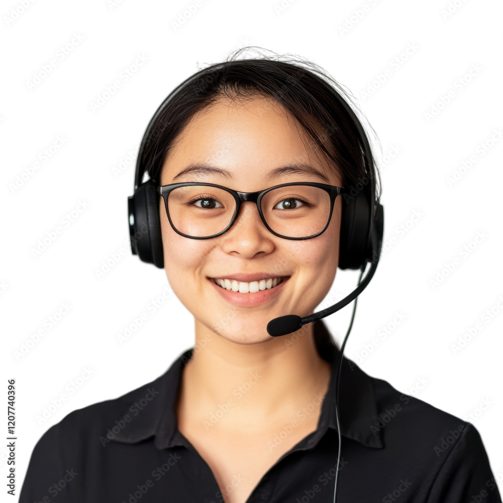 Smiling young woman wearing a headset and glasses, isolated on white background, symbolizing customer service and effective communication. Smiling young woman wearing a headset and glasses, isolated on white background, symbolizing customer service and effective communication.