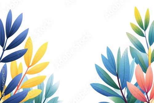 Colorful botanical illustration featuring vibrant leaves in various shades and shapes on a white background