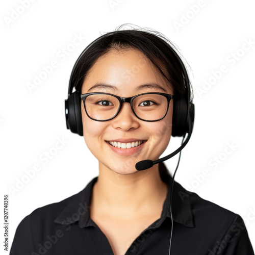  Smiling young woman wearing a headset and glasses, isolated on white background, symbolizing customer service and effective communication.