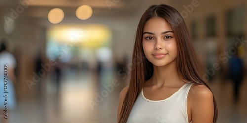 A female student stands proudly in a university hallway, showcasing her joyful spirit during a celebration for student day. Her long hair frames a bright smile