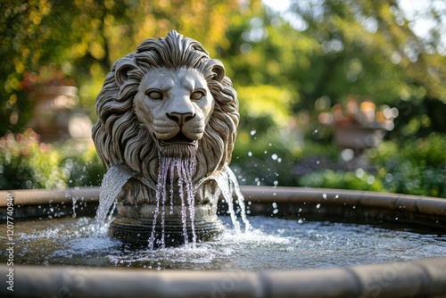 Lion fountain in a well-maintained garden showcasing elegant landscaping and ...