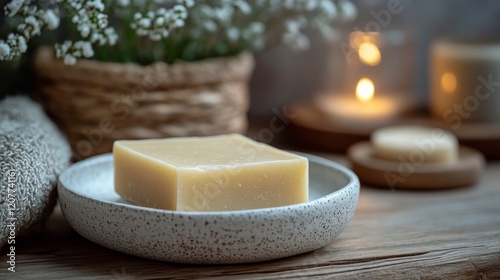 Handcrafted soap on a marble tray surrounded by plants and candles in a cozy ...