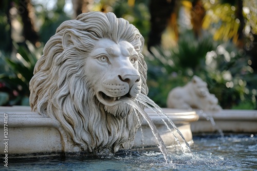 Lion fountain in a well-maintained garden showcasing elegant landscaping and ...