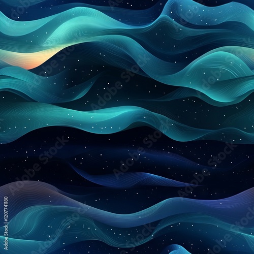 Seamless Pattern - Abstract cosmic waves, teal and blue hues