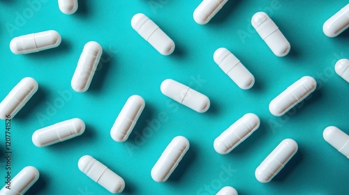 An array of white capsules scattered on a teal background, symbolizing health and medical themes with a clean, modern aesthetic. photo