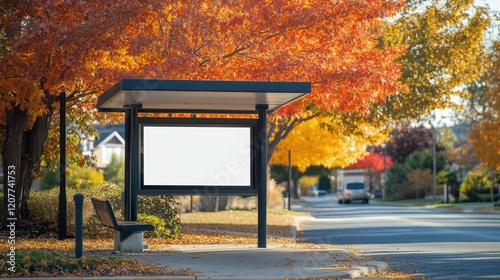 An autumnal bus stop featuring a blank advertisement space, set against a serene suburban backdrop. photo