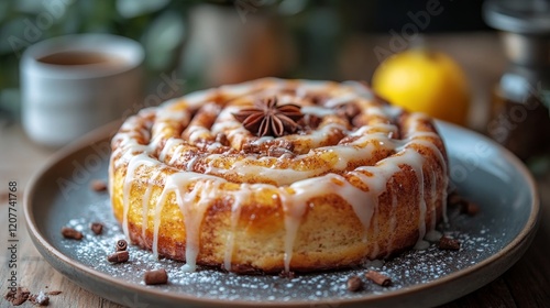 Scrumptious cinnamon roll cake topped with icing and spices in a cozy cafe se...