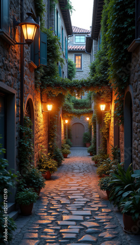 Illuminated Alleyway with Cobblestone Path at Night