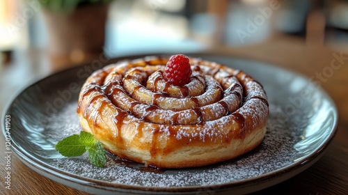 Scrumptious cinnamon roll cake topped with icing and spices in a cozy cafe se...