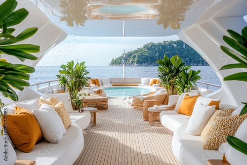 A luxury yacht with an onboard pool surrounded by teak decking, complete with comfortable loungers and umbrellas