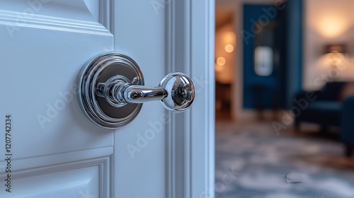 Beautiful garden view through a stylish door with a shiny doorknob on a sunny...