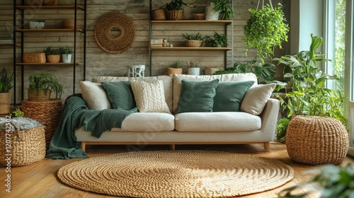 Bright and inviting living room with sunflowers and greenery in pots on a woo...