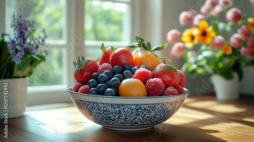 Freshly picked fruits arranged in a bowl on a wooden table in a sunny kitchen...