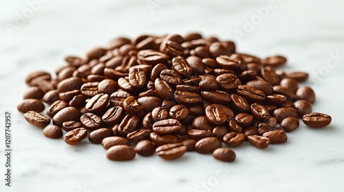 Freshly roasted coffee beans scattered on a marble surface for coffee lovers ...