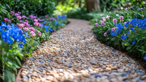 Pathway lined with colorful flowers creates a serene garden atmosphere during...