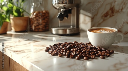 Freshly roasted coffee beans scattered on a marble surface for coffee lovers ...