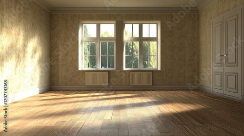 Wallpaper Mural Minimalist Empty Home Interior with Beige Walls and Wooden Flooring Natural Light from Large Windows in Bright Room Setting Torontodigital.ca