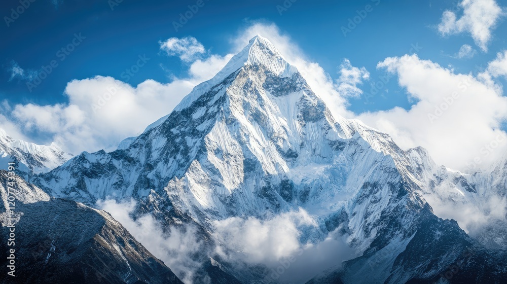 Obraz premium Breathtaking view of snow-covered mountain peaks drawing climbers including seasoned mountaineers against a dramatic sky backdrop.