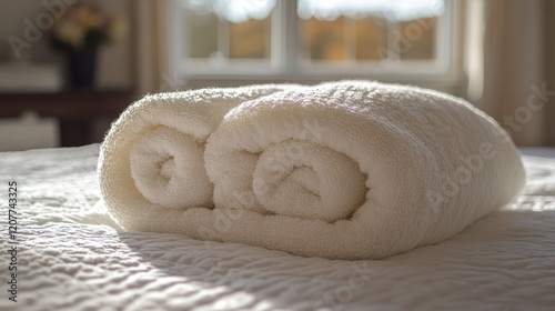 Cozy rolled towels on a bed capturing warm sunlight in a serene indoor setting