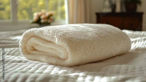 Cozy rolled towels on a bed capturing warm sunlight in a serene indoor setting