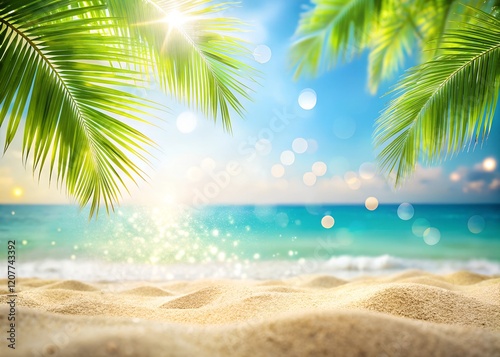 Tranquil sandy shore with gently blurred palm leaves and tropical beach bokeh, perfect for summer vacation and travel inspiration with spacious copy space