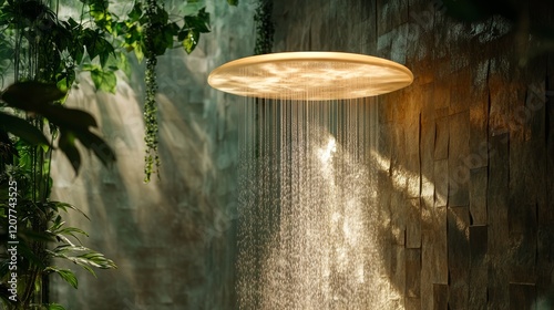 Unique water feature with lighting in a lush indoor garden setting