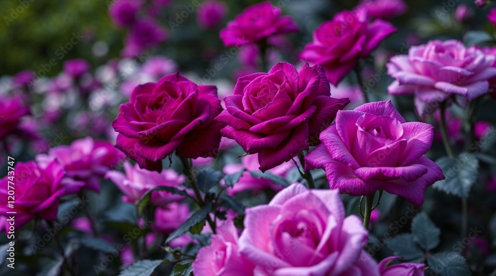 Violet roses in romantic style , green colors representing love with copy space against dark background in garden Violet roses in romantic style , green colors representing love with copy space against dark background in garden