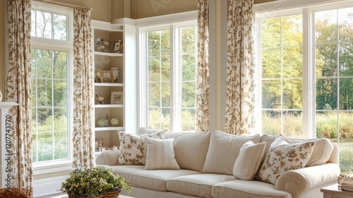 Beige living room interior featuring a shelf, curtains, and a window with a picturesque countryside view. photo