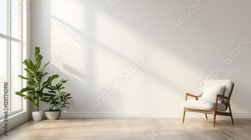 Bright living room interior featuring comfortable armchairs and a decorative drawer, with a blank wall ideal for mockups, showcasing a cheerful and inviting space.