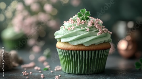 Delicious mint green cupcake decorated with sprinkles and a clover placed on ...