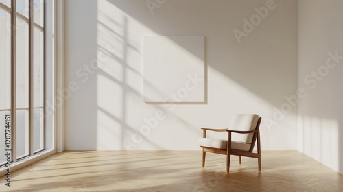 Bright living room interior featuring comfortable armchairs and a decorative drawer, with a blank wall ideal for mockups, showcasing a cheerful and inviting space. photo