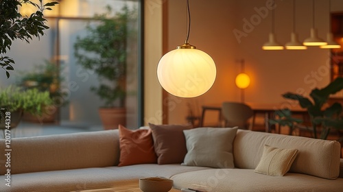 Cozy living room with elegant couch and warm pendant light in a tranquil setting